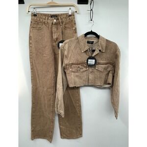 White Fox Something To Prove 2-Piece Jacket & Jeans Set Womens XS/S Tan Crop NWT